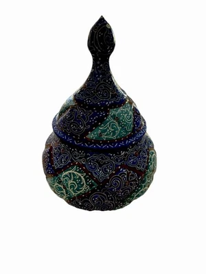 Tigela de açúcar persa Minakari com tampa, pintada à mão de esmalte de cobre azul vibrante - Imagem 1 de 4