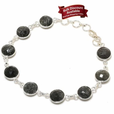 Black Rutile Stone Solid Sterling Silver New Chain Cyber Monday Bracelet Jewelry - Image 1 of 4