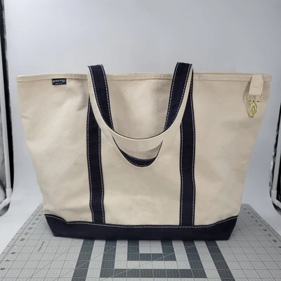Bolso de Mano Lands End Marfil Azul Marino Lona Barco Playa Grande 23"x15"x7 Hecho en EE. UU. De Colección Foto 1 de 4