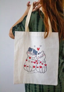 Borsa a tracolla Gatti con amore, borsa tote in cotone naturale, borsa leggera - Foto 1 di 2