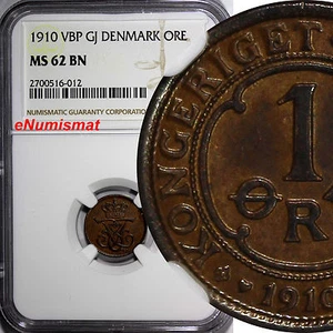 Denmark Frederik VIII Bronze 1910 VBP, GJ 1 Ore NGC MS62 BN KM# 804 (012) - Picture 1 of 4