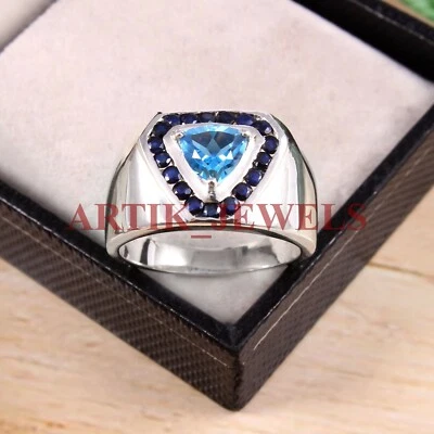 Natural Blue Topaz & Heated Sapphire With White Gold Plated Silver Men Ring #269 - Image 1 of 4