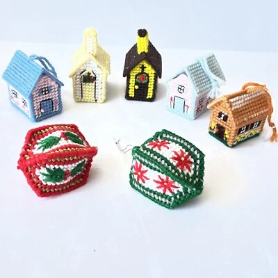 Vintage Plastic Canvas Ornaments Tiny Knit Home House Church Country Boho 70s - Image 1 of 4