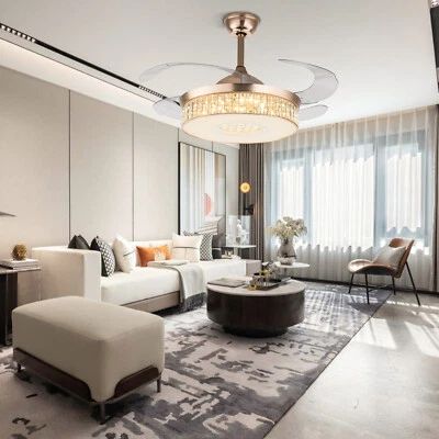 42'' Retractable Ceiling Fan Light Lamp Dimmable LED Crystal Chandelier W/Remote - Image 1 of 4