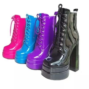 Women's Platform Ankle Boots Patent Leather 14cm High Heels Western Boots Shoes - Picture 1 of 21