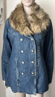 Abrigo PARIS AZUL Vintage Y2K Doble Pecho Denim Chaqueta Cuello Piel Sintética Talla M Foto 1 de 4