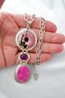 Sterling Silver Pink Rhodonite Amethyst & Druzy Quarts Pendant Chain Necklace