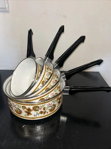 LBC V1 Série de 5 Casseroles tôle émaillées 1 Sauteuse Décor Floral Vintage 1970 - Picture 1 of 11