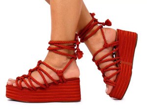 New Schutz Womens 41 Espadrille Wedge Lolipoppy Red Platform Tie Up Open Sandals