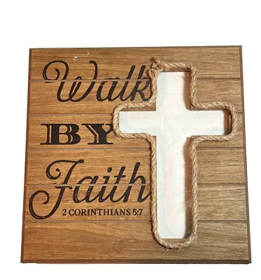 Walk By Faith Rustic Wood Hanging Sign With Rope Cross 10.25X10.25 Inch Awesome - Image 1 of 3