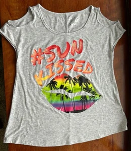 Justice Girls Size 10 Graphic Cold Shoulder Top Shirt Glitter Shiny Sun kissed - Picture 1 of 22