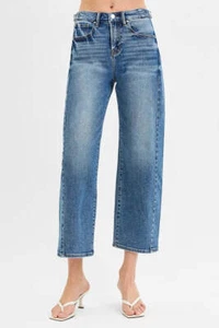 RISEN High Rise Crop Length Barrel Adjustable Waist Band Jeans - Picture 1 of 14