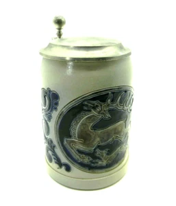 Beer Stein Deer Stag Hunt with Hound Rheinhold Merkelbach Pewter Lid Germany VTG - Picture 1 of 8