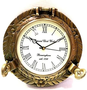 Antique Brown Marine Brass Ship Porthole Engrave Clock 22.86 cm Wall Clock - Picture 1 of 5