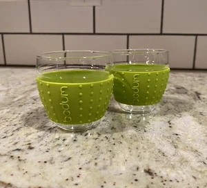 new BODUM Pavina Glass Silicone Sleeve Grip Cups 3 Oz - GREEN - set of 2 Glasses - Picture 1 of 9