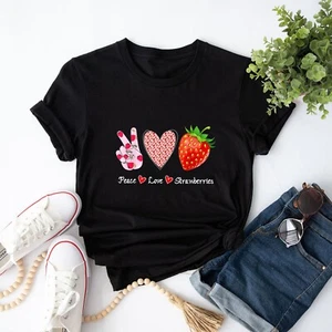 Peace Love Strawberries Festival Season Strawberry Lover T-Shirt - Picture 1 of 6