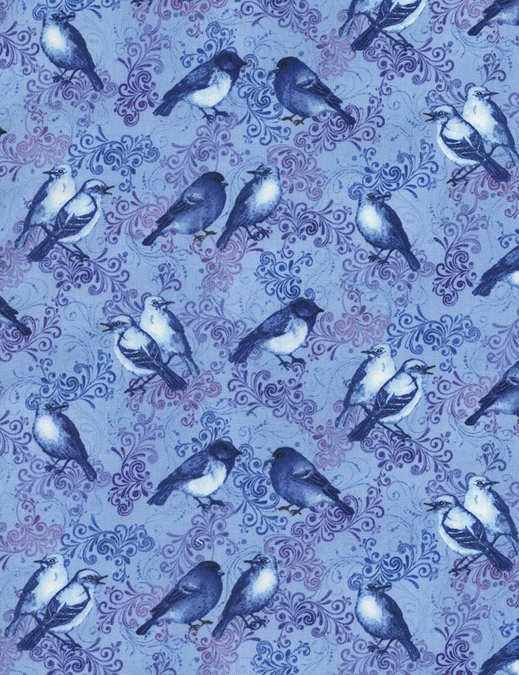 Harmony Fabric - Bluebirds on Purple & Blue Scroll - Timeless Treasures YARD - Image 1 of 1