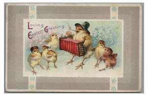 Loving EASTER Greeting Dressed Baby Chicks Accordion Pipe Hat Vintage Postcard - Picture 1 of 2