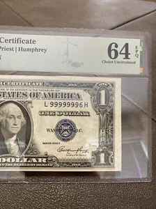 1935e 1 silver certificate Super Binary One Digit Number 99999996 Top  Rare！ - Picture 1 of 8