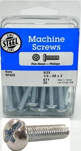 Hillman 1/4-20 x 2" Machine Screws Phillips Pan Head Steel Zinc 25 Pieces - Picture 1 of 5