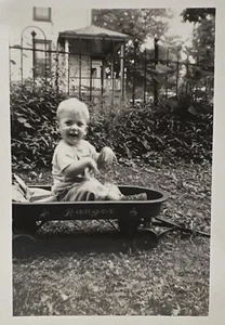 VTG 1940s Little Boy snapshot TOY Ranger WAGON photo Kid In Yard Americana - Picture 1 of 3