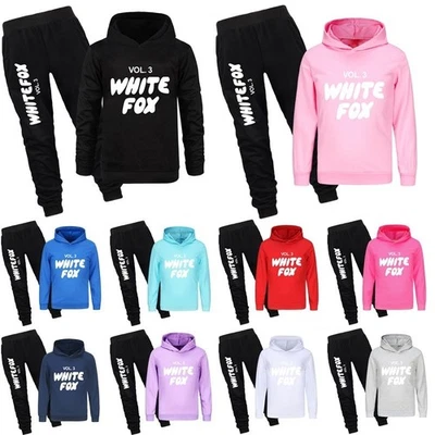 Kids Casual Hoodie Pants Suits White Print Fox Hooded Jumper Tops Tracksuit Set