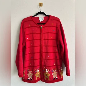 VTG Quacker Factory Red Whimsical Christmas Holiday Cardigan Full Zip Size 1x - Picture 1 of 7