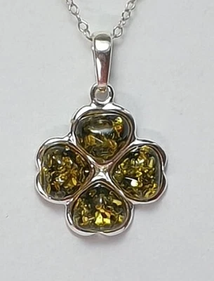 Ambra Quadrifoglio Rimorchio 925 Argento Simbolo Collier Collana Alto Nobile - Immagine 1 di 4