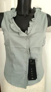 Chemisier ROSE D. sans manches vert col volanté Taille 38 FR En excellent état - Picture 1 of 3
