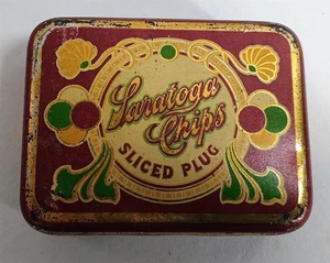 Lata de publicidad vacía vintage Saratoga chips tapón en rodajas tabaco - Imagen 1 de 8