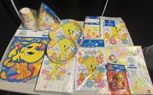 VTG Tweety Bird Birthday Party Supplies Lot Plates Cups Napkins Hats Candle etc. - Picture 1 of 9