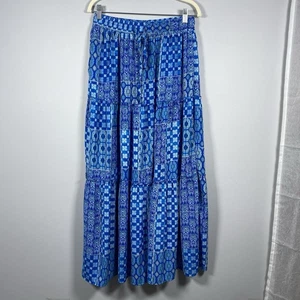 Boho Maxi Skirt Women’s L Blue Floral Pleated Patchwork Print Coastal Festival - Picture 1 of 8