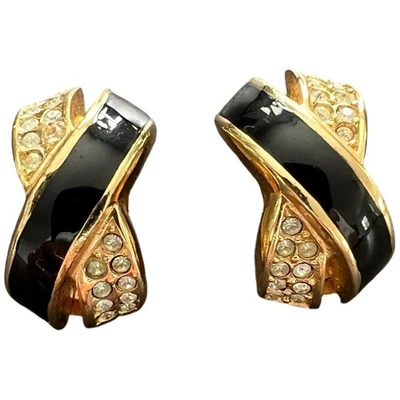 Pendientes Christian Dior Tono Dorado Negro Esmalte Cristal Estrás Clip En X Foto 1 de 4