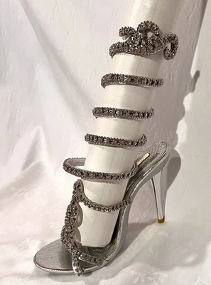Stiletto "Celeste" plata/estrás, correa envolvente para la pierna, nunca usado, talla 5,5 EE. UU. Foto 1 de 4