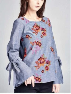 Women floral embroidered bell Long sleeve top Blouse L - Picture 1 of 9