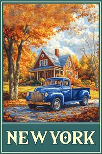 Póster de viaje arte casero camión árboles follaje otoño Nueva York impresión de giclee 16x24 - Imagen 1 de 1