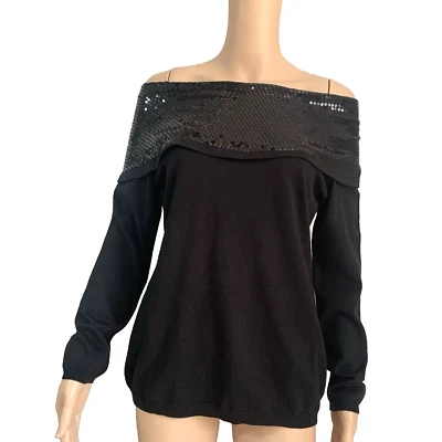 Nuevo con etiquetas Monroe & Main Talla S Lentejuelas Negras LS Algodón Tejido Top Fuera de los Hombros Foto 1 de 4