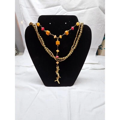 Lucky Brand 3 strand brushed gold tone Bead & Stone Branch Necklace - Image 1 of 4