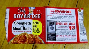 RARO Vintage Años 50 CHEF BOYARDEE puede etiquetar ESPAGUETIS Era Espacial Atlas oferta ALIMENTOS - Imagen 1 de 1