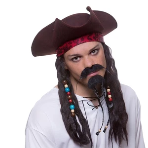 Adult DELUXE Caribbean PIRATE HAT BRAIDED HAIR Fancy Dress Brown Beads Bucanneer - Picture 1 of 3