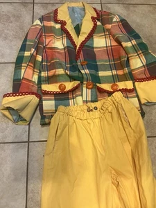 Vintage Handmade Clown Costume Baggy Plaid Big Button Brocade Yellow - Picture 1 of 7