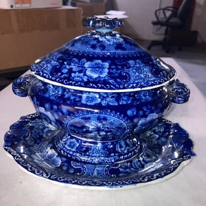 Antique Historical Blue Staffordshire Sauce Tureen Boat & Under Plate Floral - Picture 1 of 17
