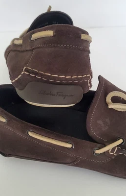 Ferragamo Mango Brown Suede Tie Mocs Drive Boat Shoes Rubber Vibram Sole 10.5 D - Image 1 of 4