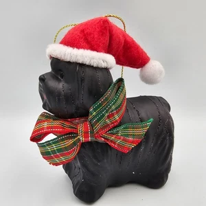 Christmas Dog Ornament Black Puppy Santa Hat Plaid Bow Holiday Decor - Picture 1 of 6