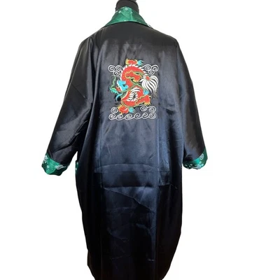 Faja kimono dragón satinado verde unisex grandes bolsillos reversible salón Foto 1 de 4