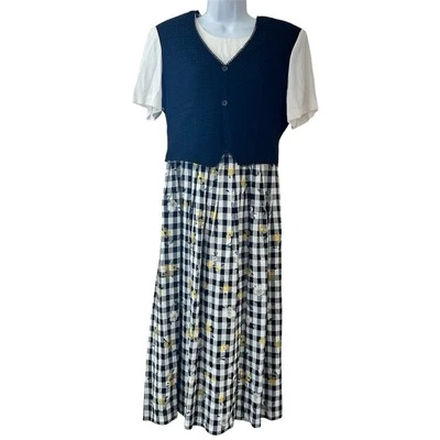 Vestido ALLISON CHE 90s Midi Negro Blanco Guinga Estampado Margarita Chaleco M/L Bibliotecario Foto 1 de 4