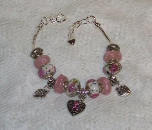 Breast Cancer Awareness Euro Style Murano Beads, Flowers & Pale Pink Ribbons - Picture 1 of 3