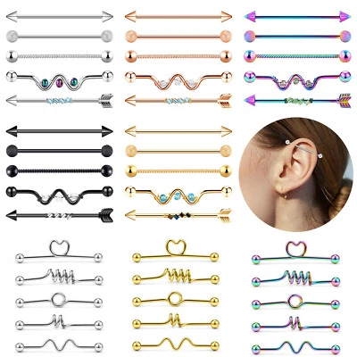 Pendiente barra industrial de acero quirúrgico de 5 piezas cartílago 14G joyería corporal 38 mm Foto 1 de 4