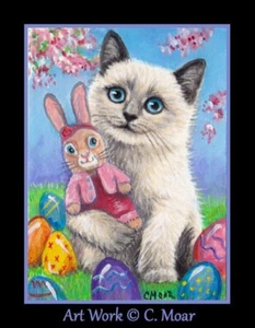 Ragdoll  Siamese Kitten Cat Easter Bunny Toy ACEO Limited Edition Mini Art Print - Picture 1 of 1