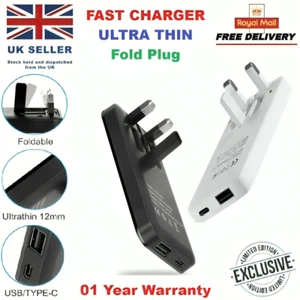 20W Ultra Slim Fast Charger Plug, USB C PD & USB-A QC, Folding pins, Dual Ports - Picture 1 of 24